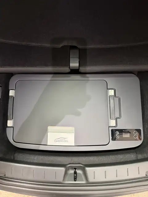 CarFrozen Fridge Y seated in the sub-trunk well of a Tesla Model Y L
